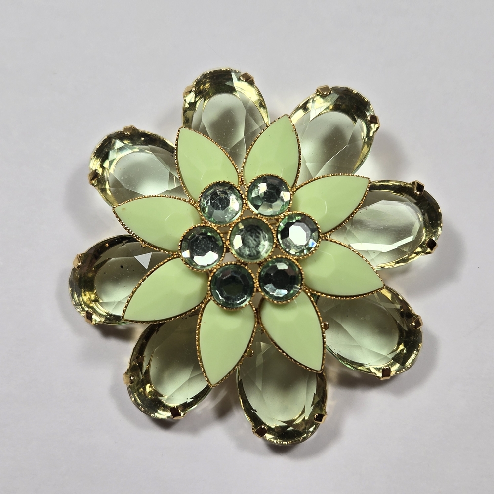 Gold Tone Trim Light Green Floral Glass Crystal Brooch